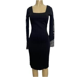 Ermanno Scervino Sheath Dress Black Lace Long Sleeve Back Zip Square Neck 40 S